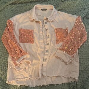 Sequin Sleeve Button-Up Jacket